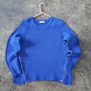 Calvin Klein Sweater Womens L Blue Ribbed Preppy Y2K Knit Side Zip Crew Neck